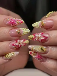 24pcs/Set French Almond-Shaped Ocean Style Elegant 3D Stereo Starfish, Red & Yellow Flower, Seashell, Golden Pearl Decorated Sweet Press-On Full Cover False Nails With 1pc Jelly Gel And 1pc Nail File, Adding A Romantic Touch For Daily Dates, Autumn/Winte