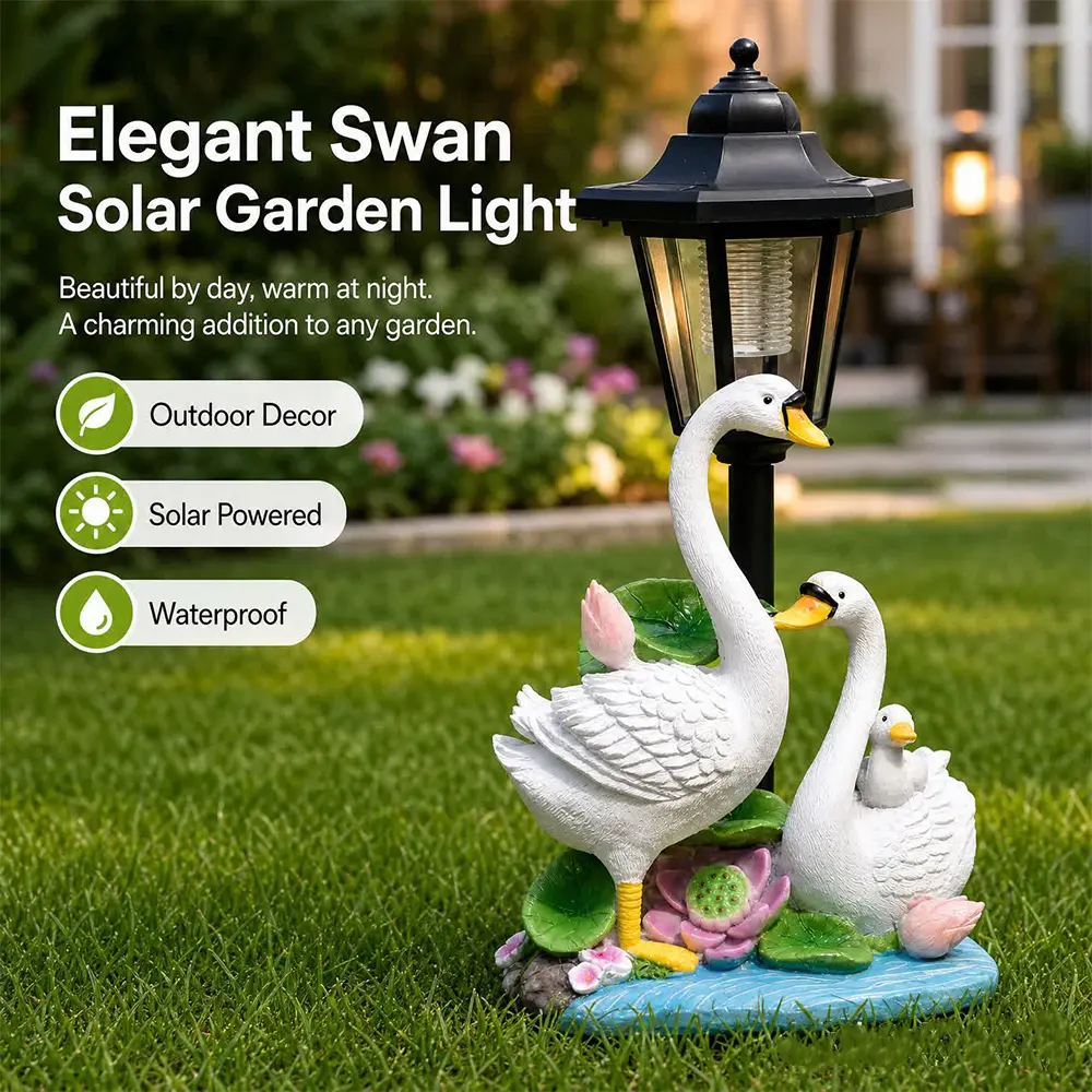 Solar swan garden sculpture for outdoor use—solar lights to decorate the swan garden for lawns, courtyards, porches, and backyards; outdoor swan garden decor gift