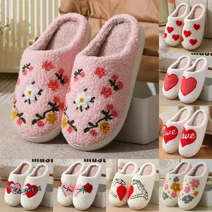 Women's Men's Cute Fuzzy Heart Slippers Memory Foam Fluffy Couple Slippers Cozy House Indoor Outdoor Shoes