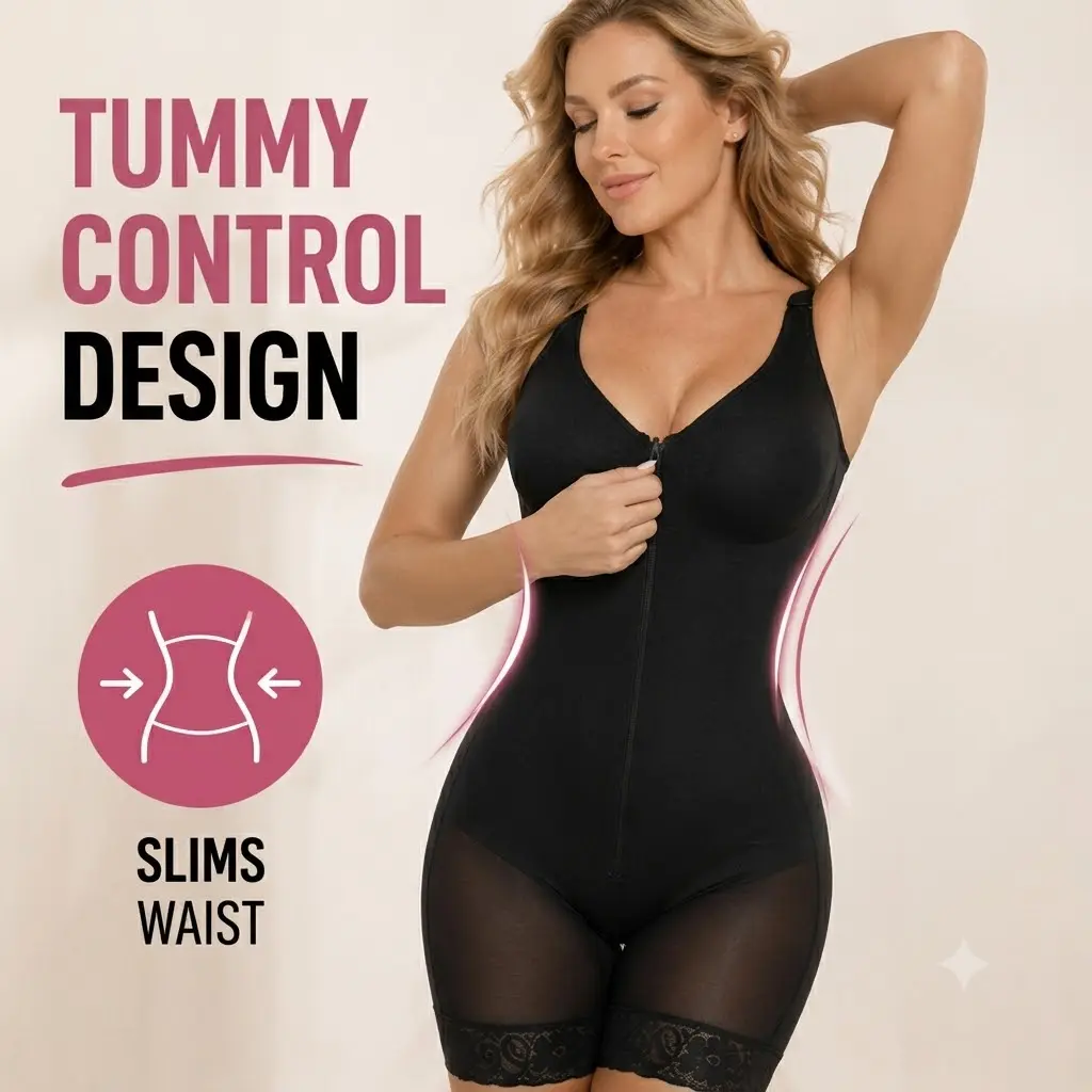 Women's Seamless Tummy Control Shapewear Bodysuit with Front Zipper Closure - Slimming Compression Body Shaper Elegant Everyday