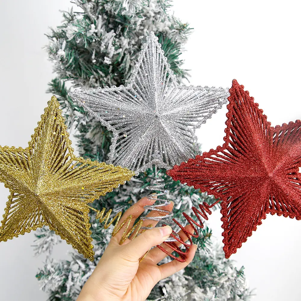 Christmas Tree Top Star Ornament, Hollow Out Radiant Design, Glittering Powder Decoration, Festive Holiday Decor Accessories