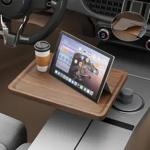 Car Tray & Car Desk for Laptop with Anti-Slip Protective Mat, 360 °   Rotating Wood Cup Holder Table, Eating Food, Working, Compatible with Tesla Model Y/3/S, Ford F150/Explorer/Maverick & Most Vehicles