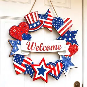 Wooden Patriotic Wreath Decorations Patriotic Wreaths for Front Door Independence Day Decorations Star Sign Welcome Memorial Day Hanging Decorative Ornaments for Home Wall Decor Outdoor Indoor Red White and Blue Wreath