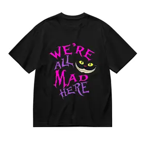 "We're All Mad Here" Whimsical Cat T-Shirt, Fantasy Quote Cotton Tee, Magical Casual Top for Men Women