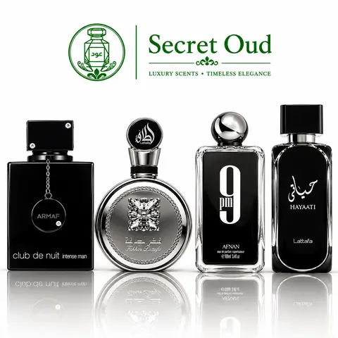 Club de nuit intense man + Fakhar Lattafa platin + 9pm + Hayaati black for men by Lattafa ---- 4-piece bundle