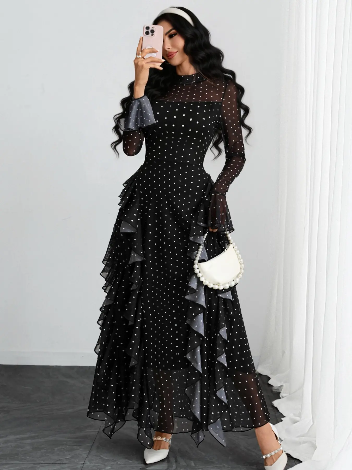 French Vintage Polka Dot Mesh Long Dress, Ruffle Layered Mermaid Skirt, Elegant Stand Collar Sheer Sleeve Formal Evening Gown, Chic, Elegant Formal Wear