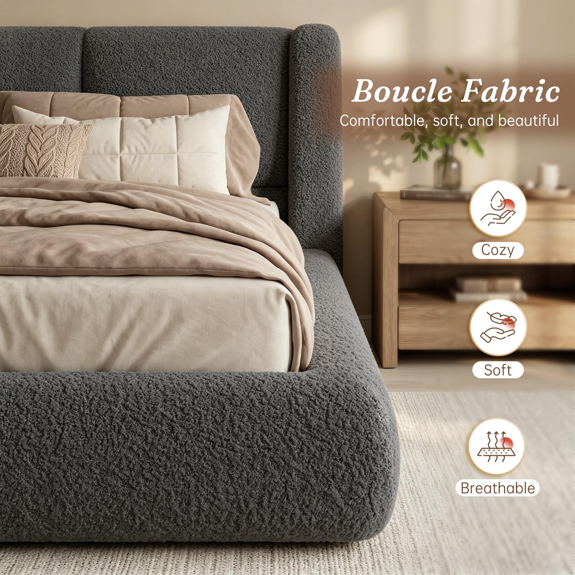 [15 Mins Assembly] Raybee Cloud Bed Frame with 5" Thick Ergonomic Wingback Headboard Soft Boucle Upholstered Low Profile Platform Bed, Bump-Resistant Rounded Corners, Anti-Slip Noise-Free, 880LBS Capacity for Bedroom, Dorms, Apartment, Beige, Black, Gray