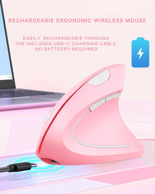 Ergonomic Mouse Wireless, Rechargeable Mouse Silent for Carpal Tunnel Right Hand, 2.4GHz USB Vertical Mouse Wireless for Laptop etc, 3 Adjustable  800/1200/1600 DPI, pink