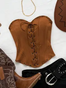 HOT CURV Sexy Suede Bandeau Tie-Up Rivet Deconstruct Crop Top, Suitable For Holiday, Date, Afternoon Tea, Vacation, Music Festival, Boho, Cruise, Beach, Summer Western Top Cowgirl Top Coffee Brown Top Chocolate Brown Top Cow Print Top Brown Tops For Women