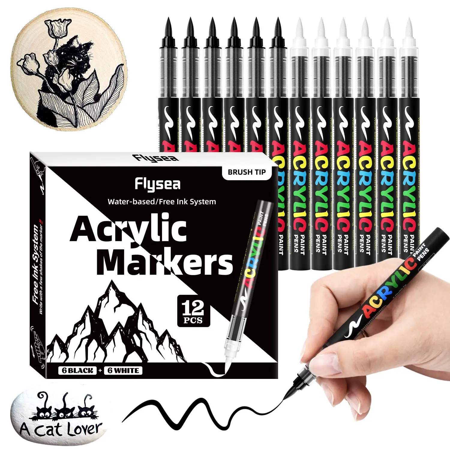 Acrylic Paint Pens, Automatic Ink Control System,Soft Brush Tip Markers,Black and White Paint Marker,Art Marker Set, Artist Supplies,for Canvas, Rock, Wood, Stone, Glass, Ceramic, Fabric Painting, DIY Crafts, DIY Art Design, DIY Painting Supplies