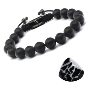 Men's BLACK ONYX Beaded Bracelet with 10mm Beads, Adjustable Macrame Knot, and Black Braided Cord for Spiritual Protection and Style