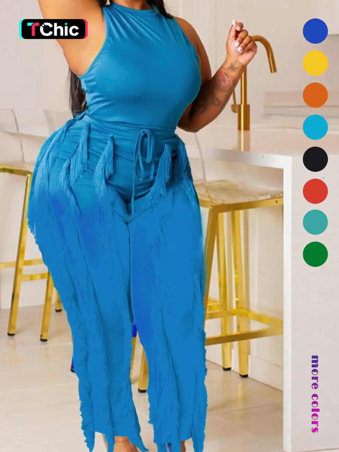 Solid Round Neck Sleeveless Tank Top & Tie Front Fringe Trim Pants for Women, Basic Minimalist Comfy Fitted Pants Two-piece Set for Fall, Going Out Ou