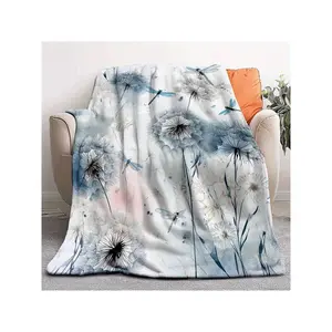 Soft Cozy Watercolor Blue Dandelion Dragonfly Print Warm Flannel Fleece Throw Blanket