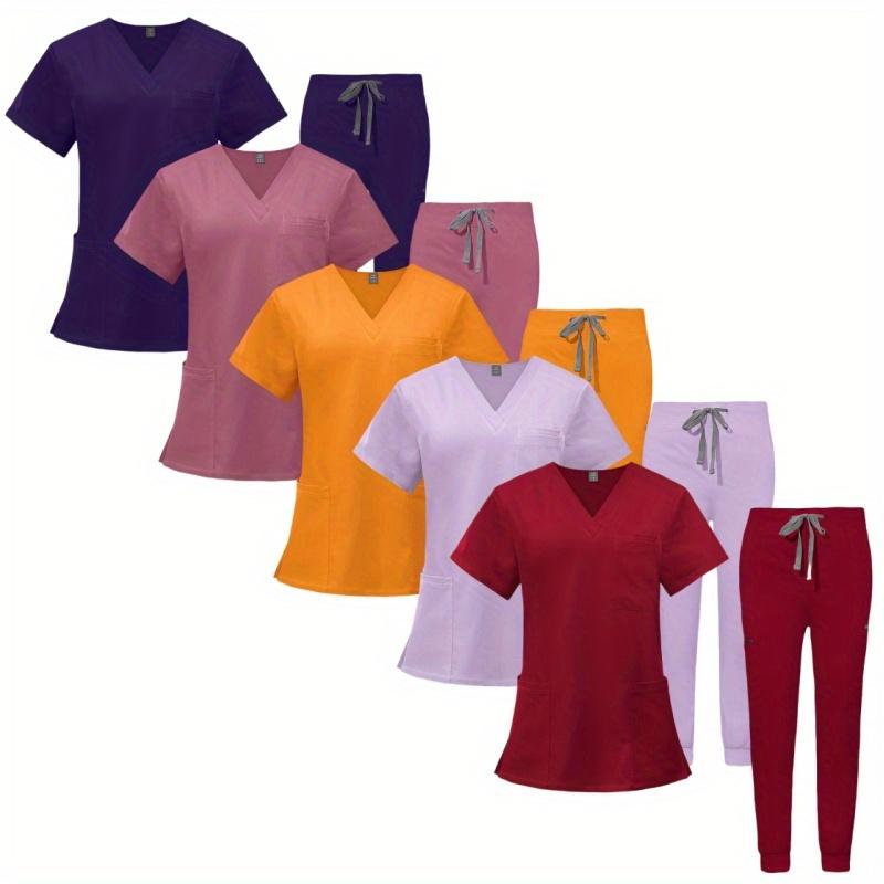 Be The Best Dressed At Work: New Women's & Men's Short Sleeved Nursing Uniform Brush Suit Set - Double Layered V-neck Top with Multi Pockets & Straight Leg Pants for Hospitals