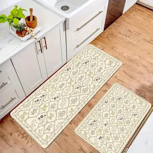 2-Piece Boho Floral Kitchen Rugs Set, Non-Slip Absorbent Floor Mats, Machine Washable Low Pile Vintage Moroccan Tile Kitchen Runner Mats for Kitchen, Sink, Laundry Room, Entryway