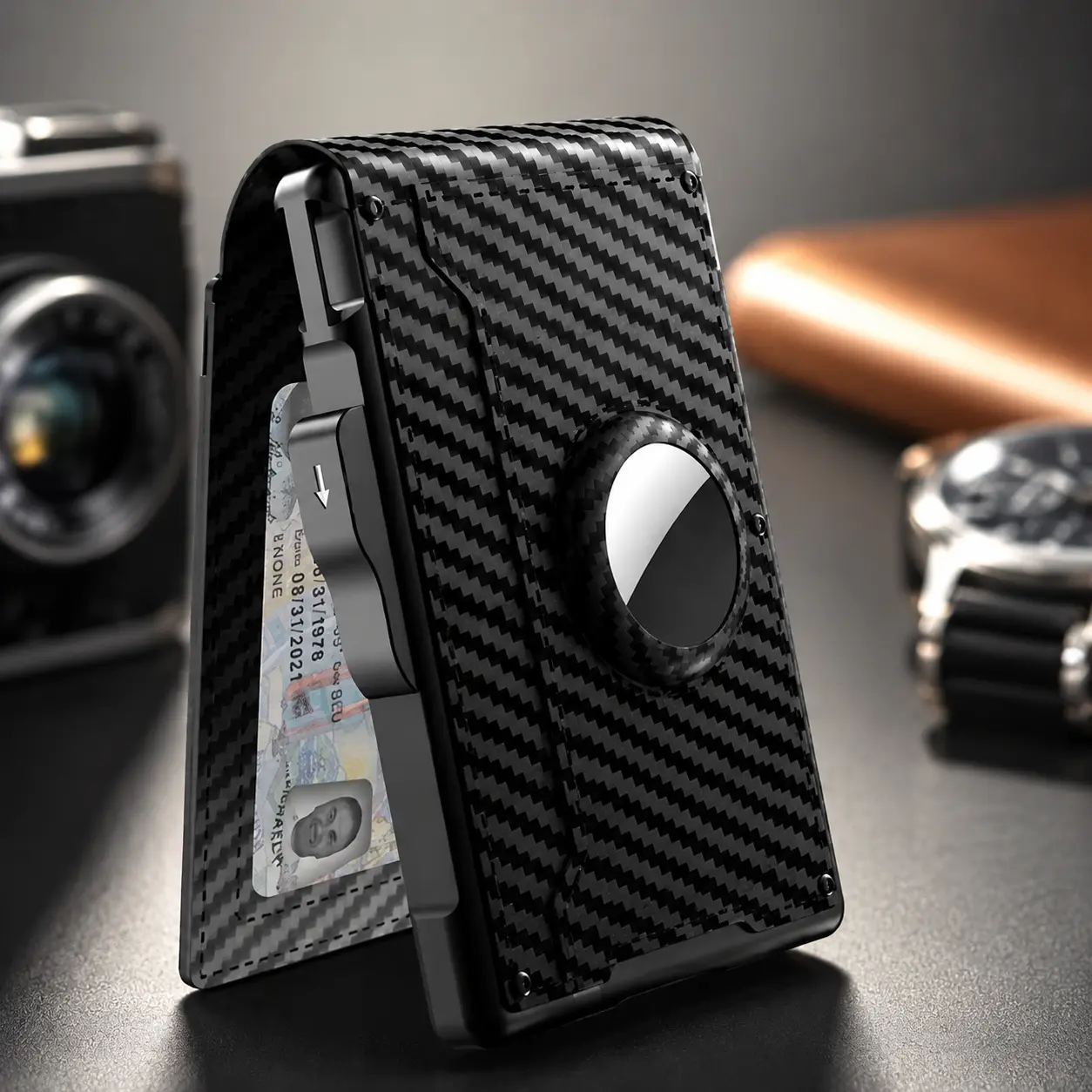 Mens RFID Blocking Slim Bifold Leather Wallet with Pop-Up Aluminum Card Holder, Money Clip & AirTag Compatibility (AirTag Not Included), Mens Wallet