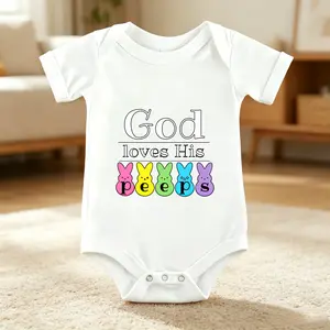 Baby Short Sleeve Romper Pure Cotton Easy Snap Crotch God Loves His Peeps Easter Bunny Letter Print Bodysuit Jumpsuit for Infants Toddlers Holiday