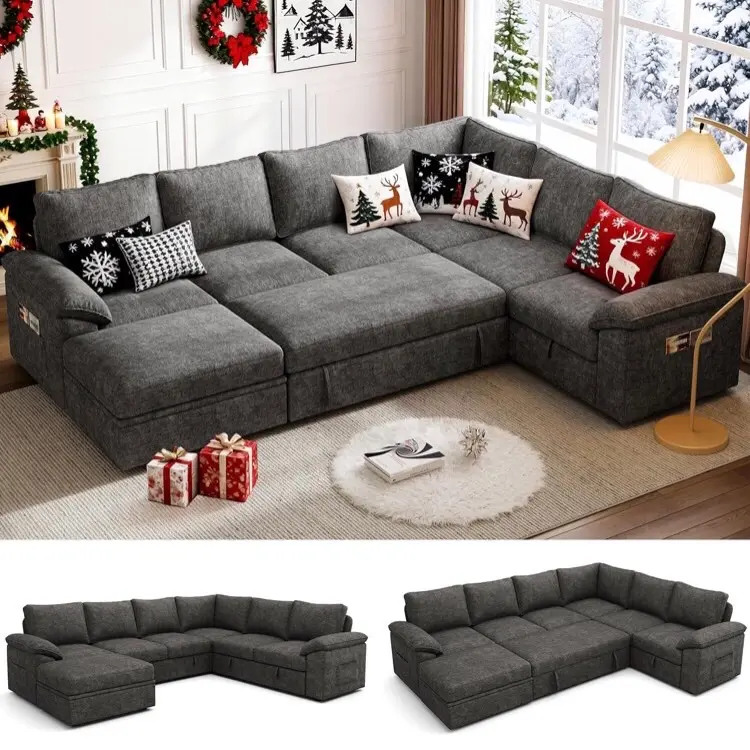 108 Inch Sectional Sleeper Sofa with Pull Out Bed, U Shaped 7 Seat Modular Sectional Sofa with Storage, Sectional Couches for Living Room, Cloud Modular Couch,Removable Sofa Cover, Dark Grey