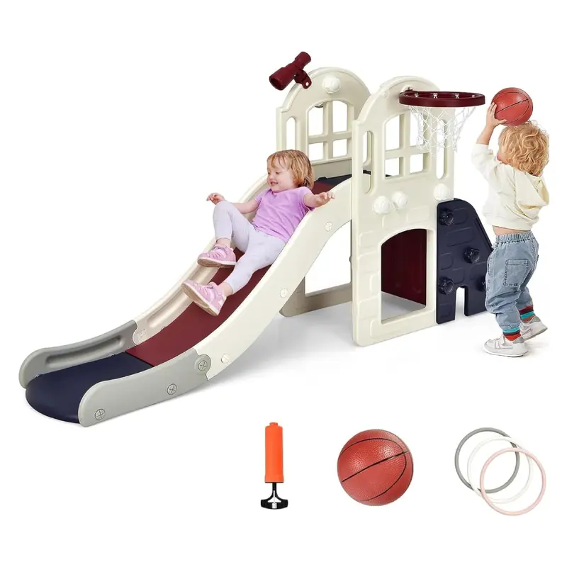 Costzon Large Unisex Toddler Plastic Outdoor Play Set - Sports Playground Equipment, 75"l x 33"w x 39"h High Density Polyethylene, Long Slide Slope, Basketball Hoop & Ball, Playroom/Backyard Use, Children Development , Playroom For Toddle Gift Season
