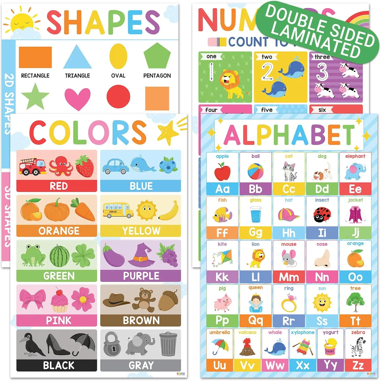 ABC Alphabet Posters Set 4 16x24 Double Laminated Educational Charts for Classroom Decor Homeschool Supplies Color Shape Number Learning