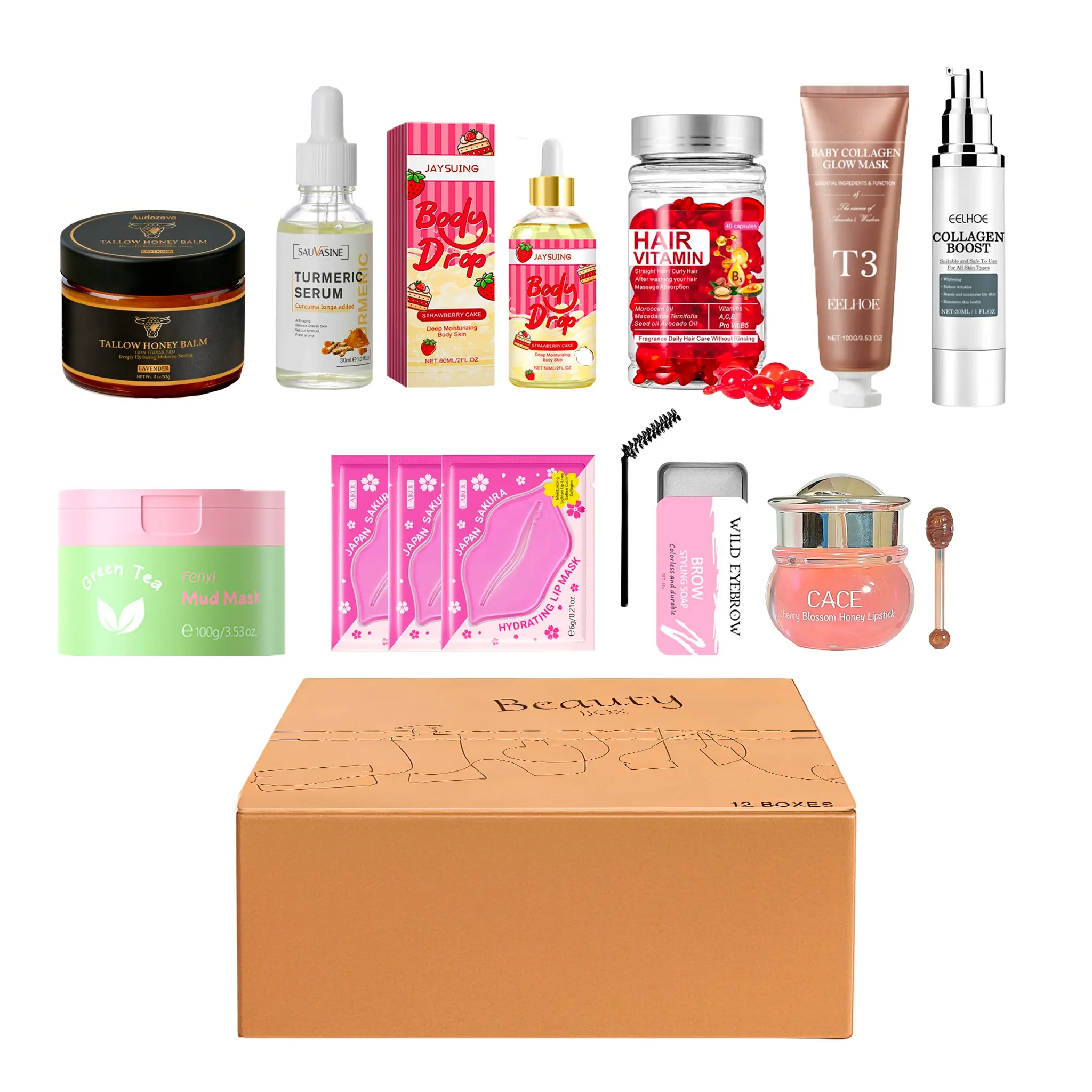 12-piece set: tallow balm, lip mask, lipstick, clay mask, eyebrow gel, hair care capsules, clay mask, serum, skincare and body gift set, suitable for gifting, skincare set, Variety Gift Set, Body Care Sets