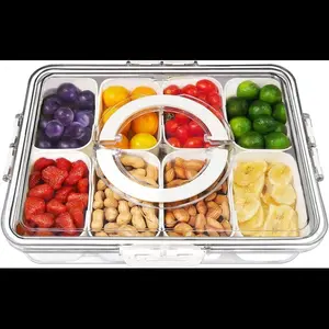 Divided Serving Tray with Lid and Handle, 8 Compartment Snackle Box Container, Travel Charcuterie Board with Lid for Kids and Adults, Snack Box Container - Fruit, Vegetable, Candy, Snack Tray with Lid