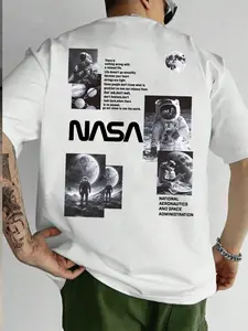 Men's NASA Print Round Neck Tee, Regular Fit Casual Short Sleeve Crew Neck T-Shirt for Daily Wear, Men's Top for All Seasons, Tropical