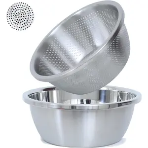 304 Stainless Steel Microporous Colander,2QT Large Capacity with Mixing Bowl For washing vegetables, fruit and rice and for draining cooked pasta(2PC)