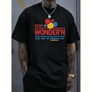 Humorous Mens Graphic TShirt Featuring Stop Wondering Get Your Bread Up Motif with Smiling Bread Slice Illustration