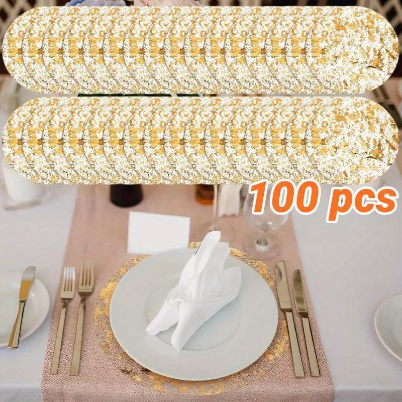 summerwins 100pcs Disposable 13-inch Round Golden Foil-pressed Table Mats, Ultra-thin Home Decor Placemats for Wedding Large Gatherings, Festive Table Decoration Supplies
