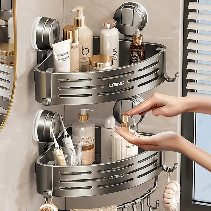 Bathroom Corner Suction Cup Shower Caddy - No-Drill Adhesive Triangle Wall Shelf for Shampoo Bottles, Renter Home Organizer, Bathroom Necessities, Festive & Party Gift
