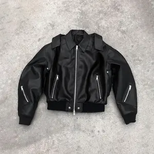 Men's Casual Faux Leather Jacket Street Style Vintage American Retro Design Zipper Y2k Flight Bomber Black Long Sleeve Outerwear for Autumn Winter Stylish leather jacket leather jacket men original Classic Menswear Coats Top Fashion