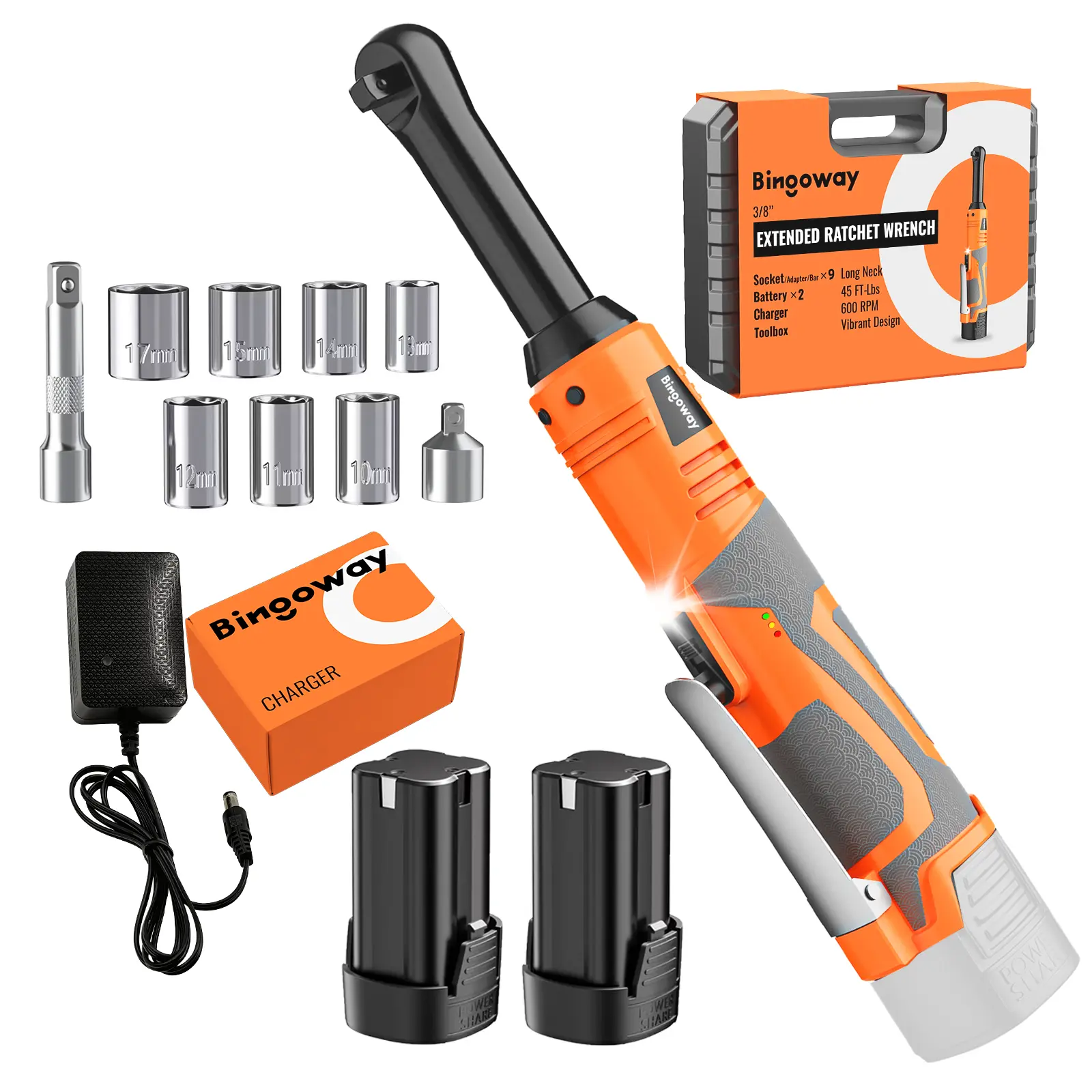 Bingoway 3/8" Extended Electric Ratchet Wrench Set, 61N.m(45ft-lbs)Cordless Long Neck Power Ratchet Wrench Kit with 2pcs2000mAh 16V Batteries, LED Light, 9 Sockets, Toolbox,Variable Speed, For Housework, Car Repair, Best Gift For Your FamilyAnd Friends
