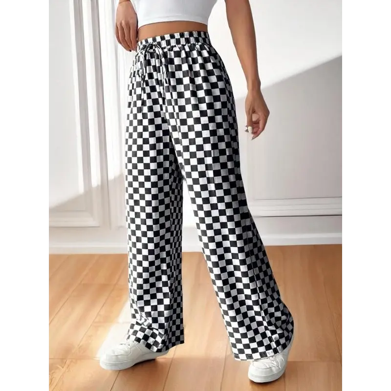 Women's All Over Checkerboard Print Drawstring Waist Straight Leg Pants, Casual Fit Comfy High Waist Trousers for Daily Wear Everyday, Ladies Bottoms for All Seasons, Baggy Pants, Womenswear