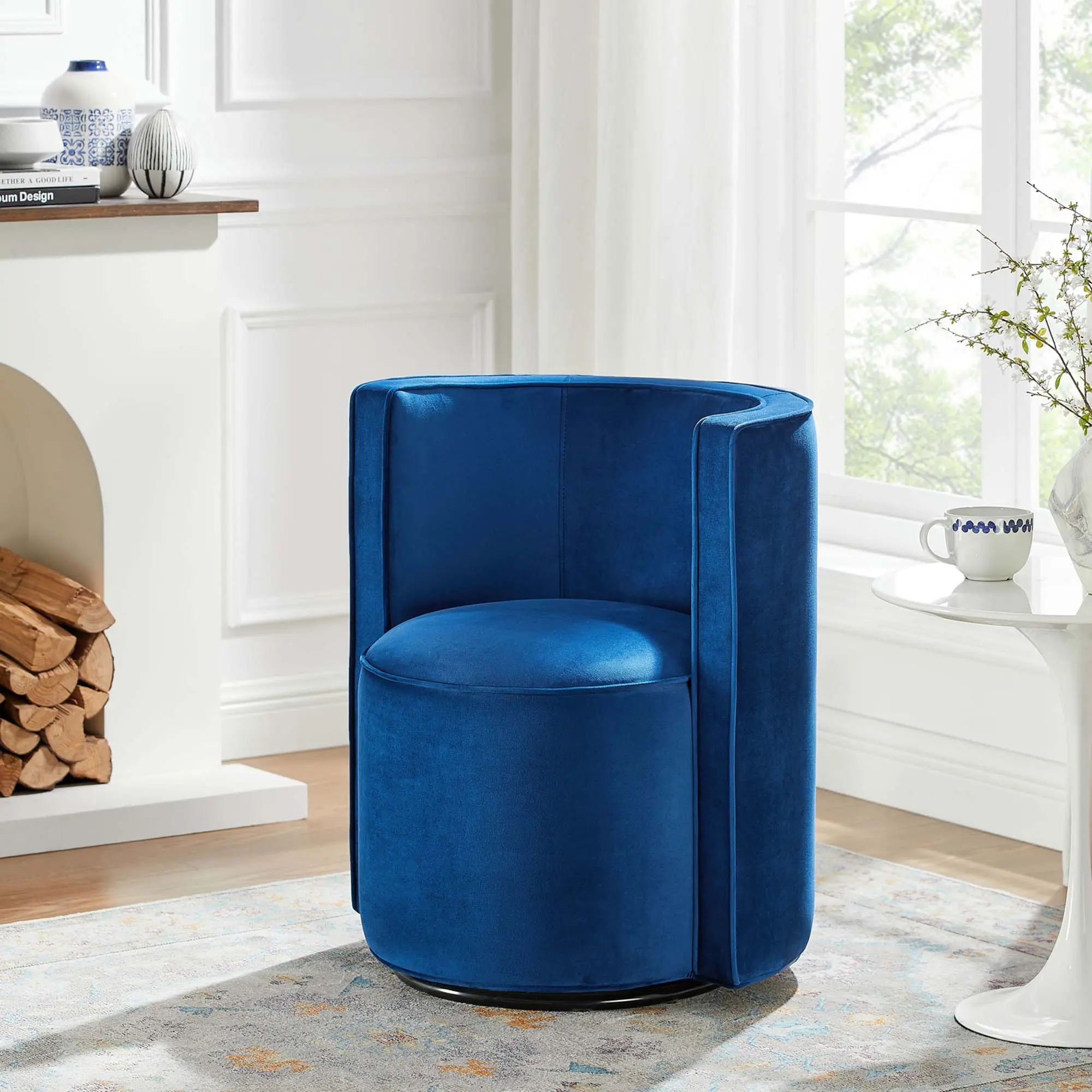 Modway Della Modern Glam Fabric Armchair - Performance Velvet Upholstery, Navy Swivel Accent Chair for Entryway, 330 lbs Weight Capacity, French Piping Trim