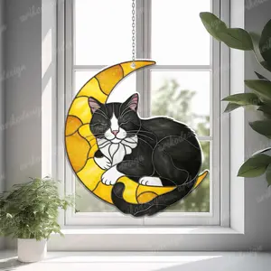 Tuxedo cat sleep on crescent moon suncatcher window hanging, cat flat acrylic Window decor, NOT glass, Memorial tuxedo cat ornament