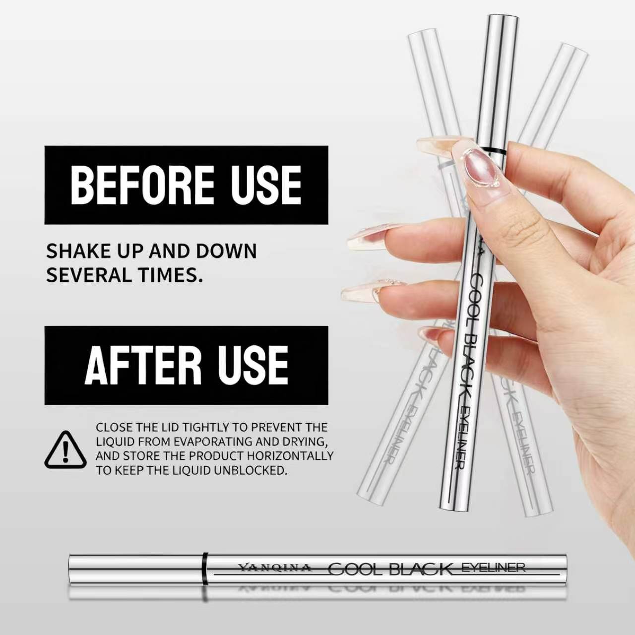 Three durable eyeliner pens, waterproof, non smudge, plant based, 24-hour smooth technology to create delicate eyeliner makeup