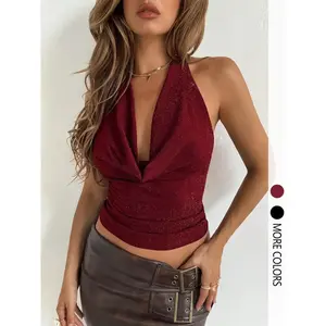 Women's sequined solid color backless vest, summer casual sleeveless top, suitable for daily women's wear.RAIMENTRY