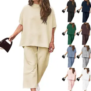 [L-5XL]Plus  Curve curve Women's Plus Size 2 Piece Outfits 3/4 Batwing Sleeve Capelet Crew Neck Pullover Top Wide Leg Pants Lounge Set