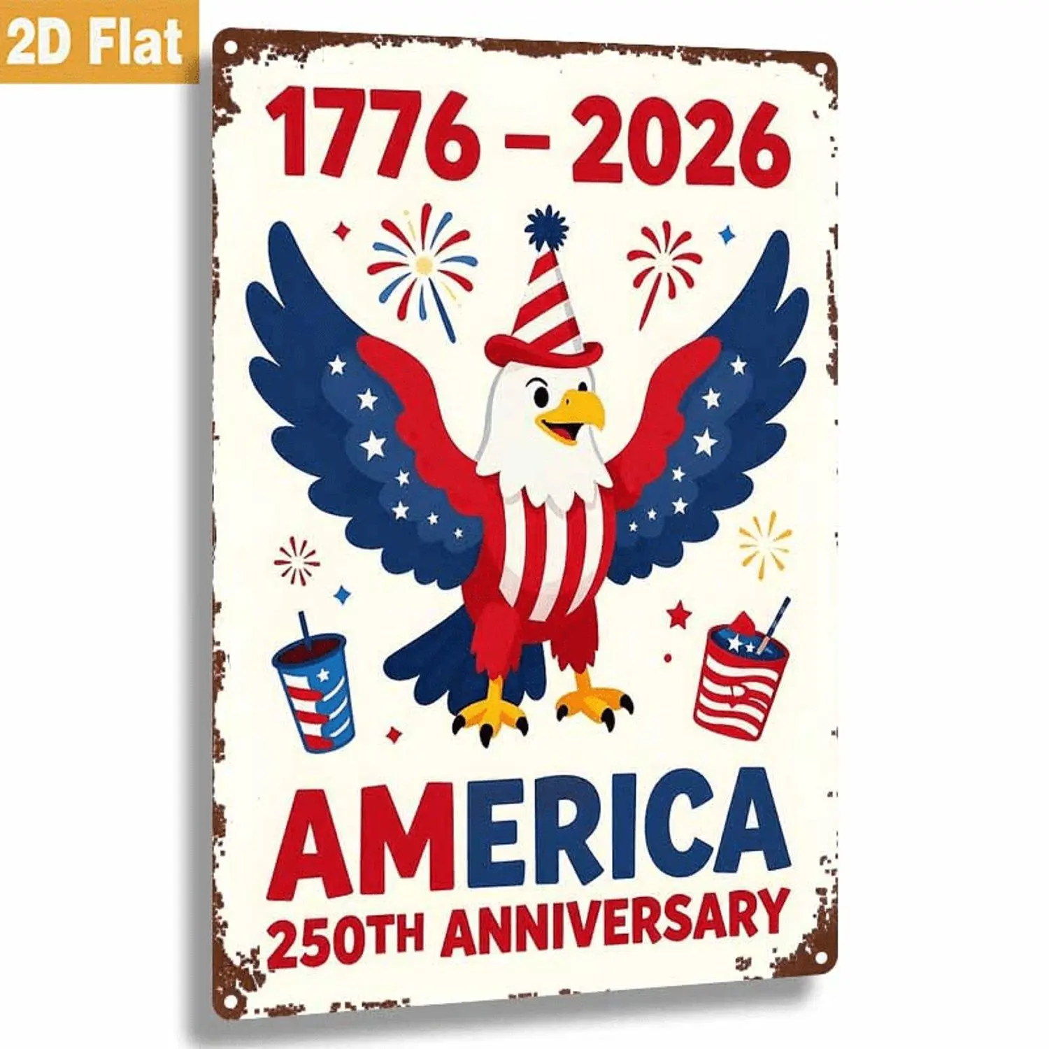 2D Flat 1pc Prints 250th Anniversary of American Independence Day Tin Plate Art Eagle Spreading Wings with Fireworks Celebration Pattern Perfect as a Gift for Friends or for Decorating Homes Modern Vintage Style Decorative Artwork
