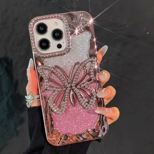 Luxury electroplated gradient glitter powder hollow out diamond embedded three-dimensional butterfly shockproof phone case iPhone 17 16 15 14 13 12 11ProMax cooling diamond embedded sparkling girl and lady protective case