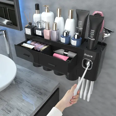 iHave ABS Waterproof Dustproof Toothbrush Holder - Wall Mounted Durable Easy-to-Use Bathroom Decor Organiser with 4 Cups, Toothpaste Dispenser, Large Capacity Tray, 2 Cosmetic Drawers, Patented Adhesive Strip
