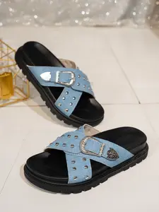 Women's New Fashion Versatile Metal Buckle Rivet Cross Strap Sandals, Pu Leather Slides, Outdoor Wear Thick Sole Platform Beach Slippers, Dressy Flat Sandals, Footwear