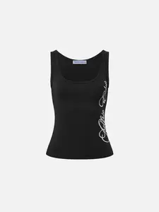 Aelfric Eden Graphic Tank Top Slim Cropped Fit Side Cursive Logo Print High-Stretch Ribbed Fabric Classic U-Neck Y2K Cute Streetwear Women's Top