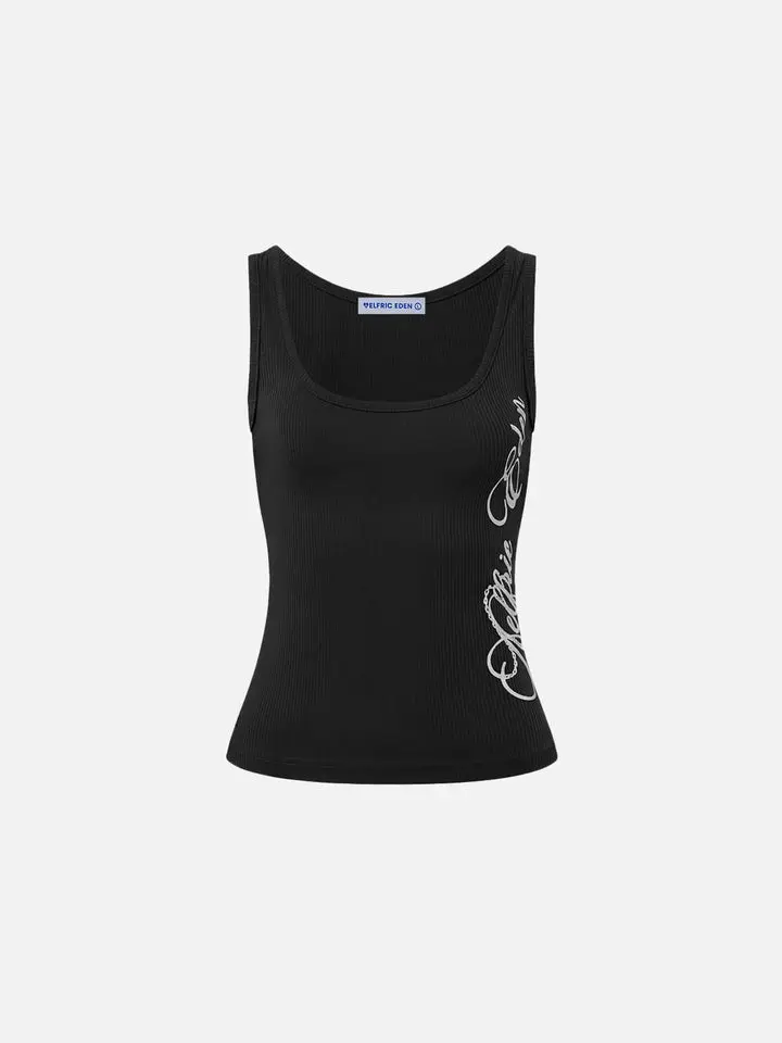 Aelfric Eden Graphic Tank Top Slim Cropped Fit Side Cursive Logo Print High-Stretch Ribbed Fabric Classic U-Neck Y2K Cute Streetwear Women's Top