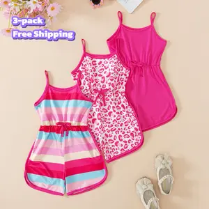 Kids Clothing Girls 3-Pack Summer Dresses Set - Cute Sleeveless Spaghetti Strap Outfits, Trendy Striped/Pink Leopard Print/Solid Pink, Comfy for 4-7Y Little Fashionistas’ Beach & Playtime, Vacation Essentials, Summer Outfits Set
