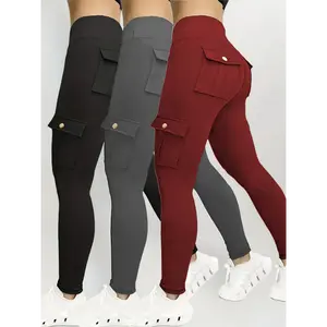 3pcs Women's High-Waisted Yoga Tights with Pockets - Stretchy Running & Sports Leggings, Button- Design, Solid Colors (Black, Navy Blue, Gray), Flap Pockets for Utility, Comfortable Polyester Blend Fabric