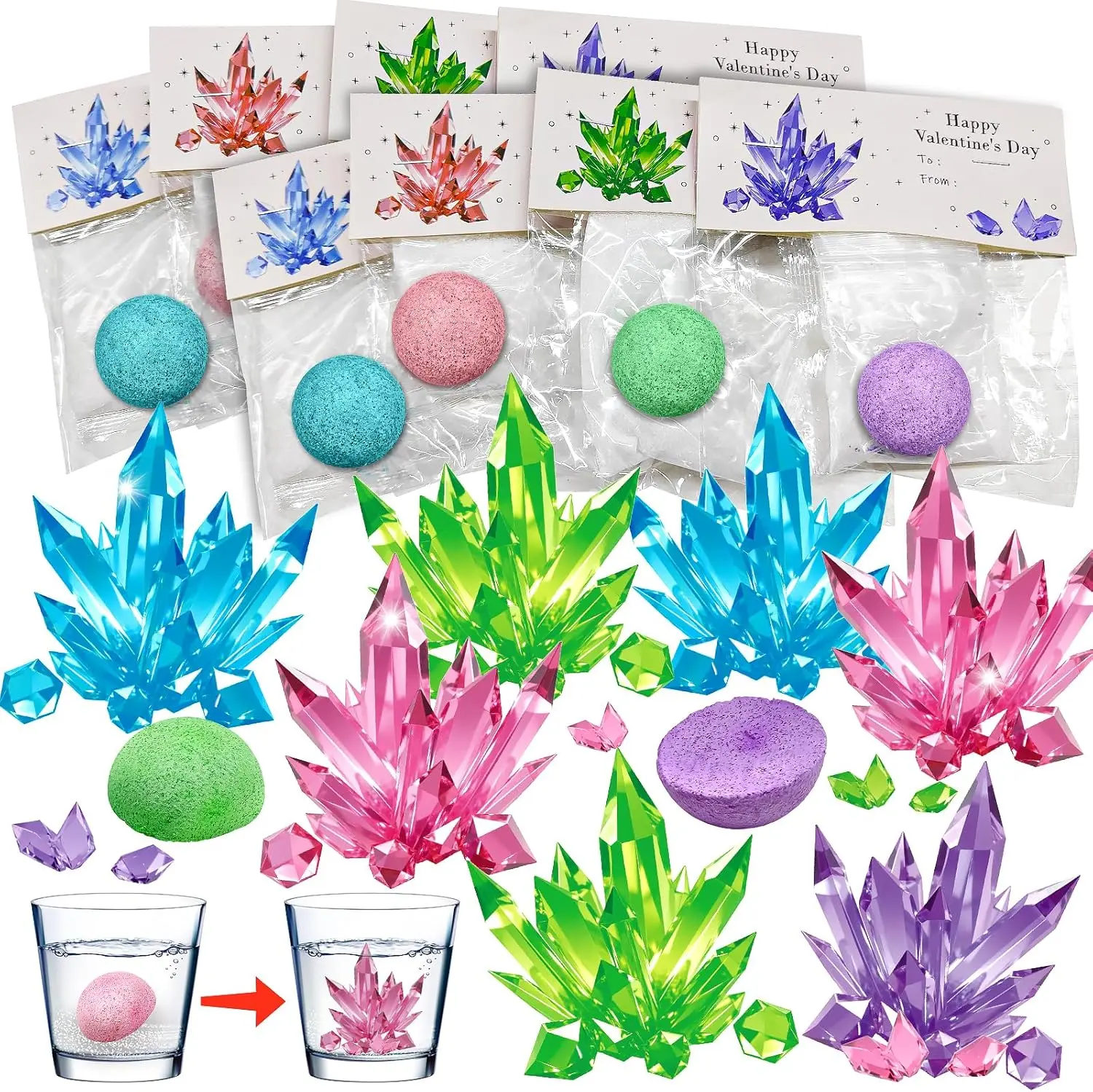 Valentine’s Day Classroom Exchange Gifts – 24 Pack Kids Science Kit Crystal Growing Planting Set with Cards for Boys & Girls