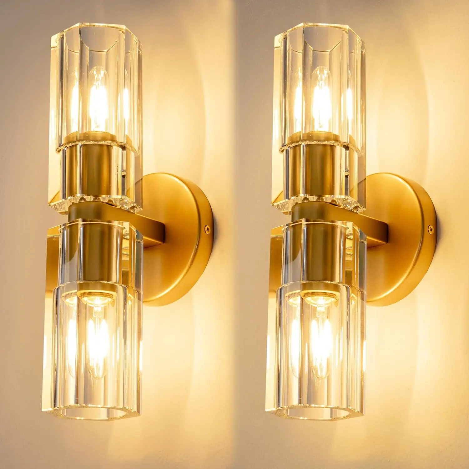 Wall Sconces Set of Two,Gold Crystal Sconces Wall Decor Set of 2, Modren Large Wall Sconce with K9 Crystal Lampshade,Crystal Wall Light Indoor for Bedroom Living Room Vanity Bathroom