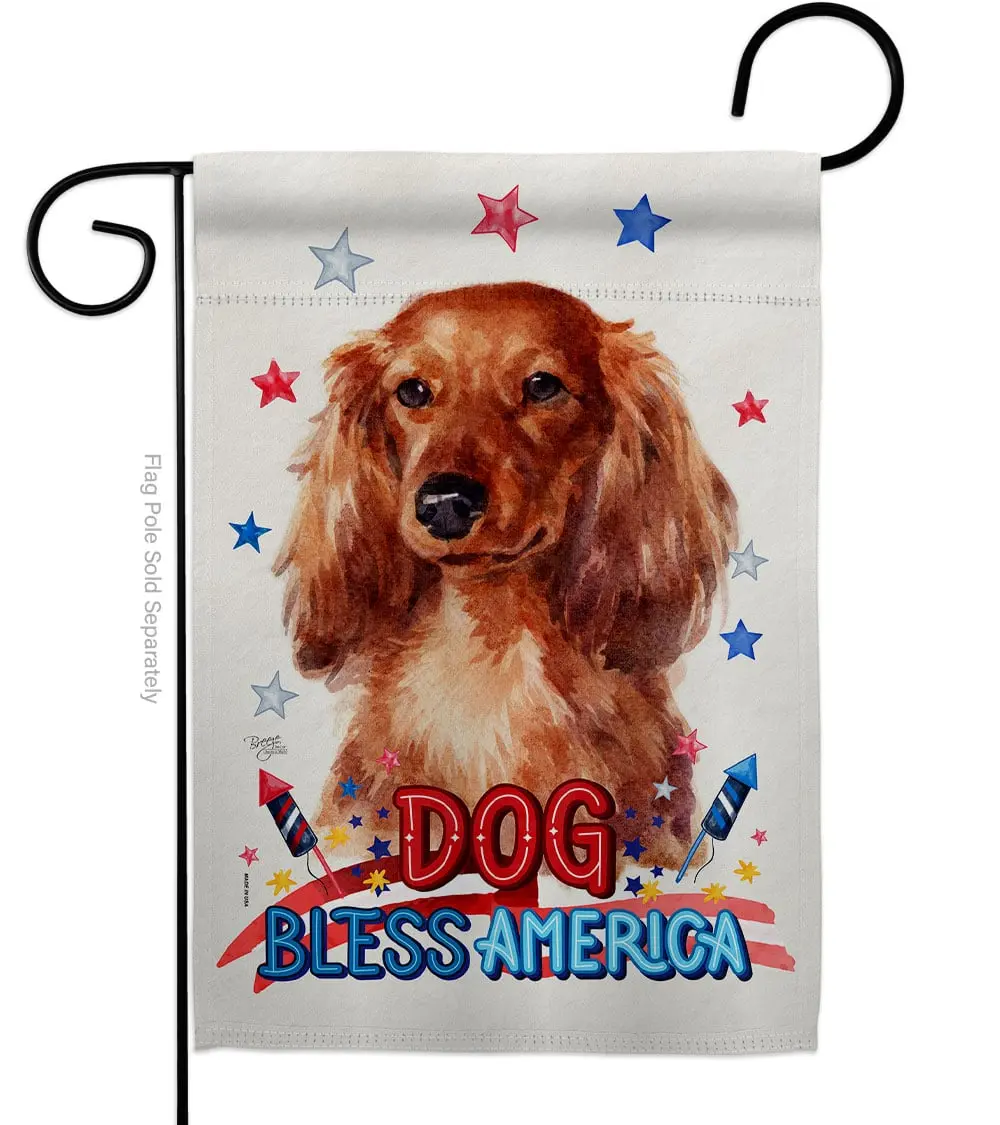 Breeze Decor G120134-BO Patriotic Long Hair Dachshund Garden Flag, 13" x 18.5" Double-Sided Vertical Decorative Flag, Fade Resistant for Indoor House Decoration, Yard Banner Gift for Patriotic Displays
